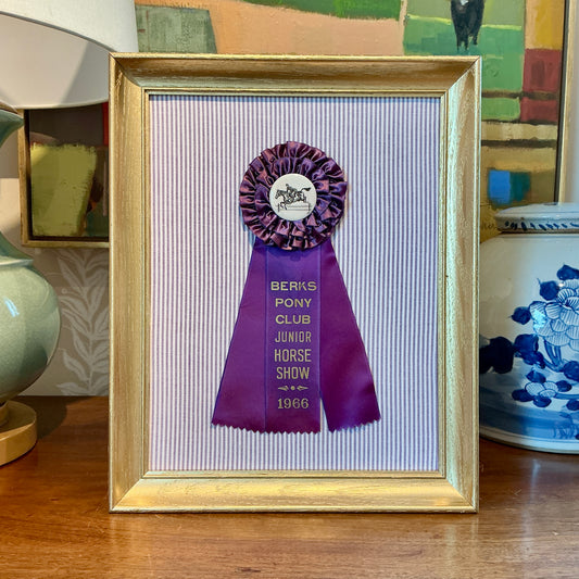 Vintage Berks Pony Club Horse Show Ribbon on Purple Stripes in Gold Frame