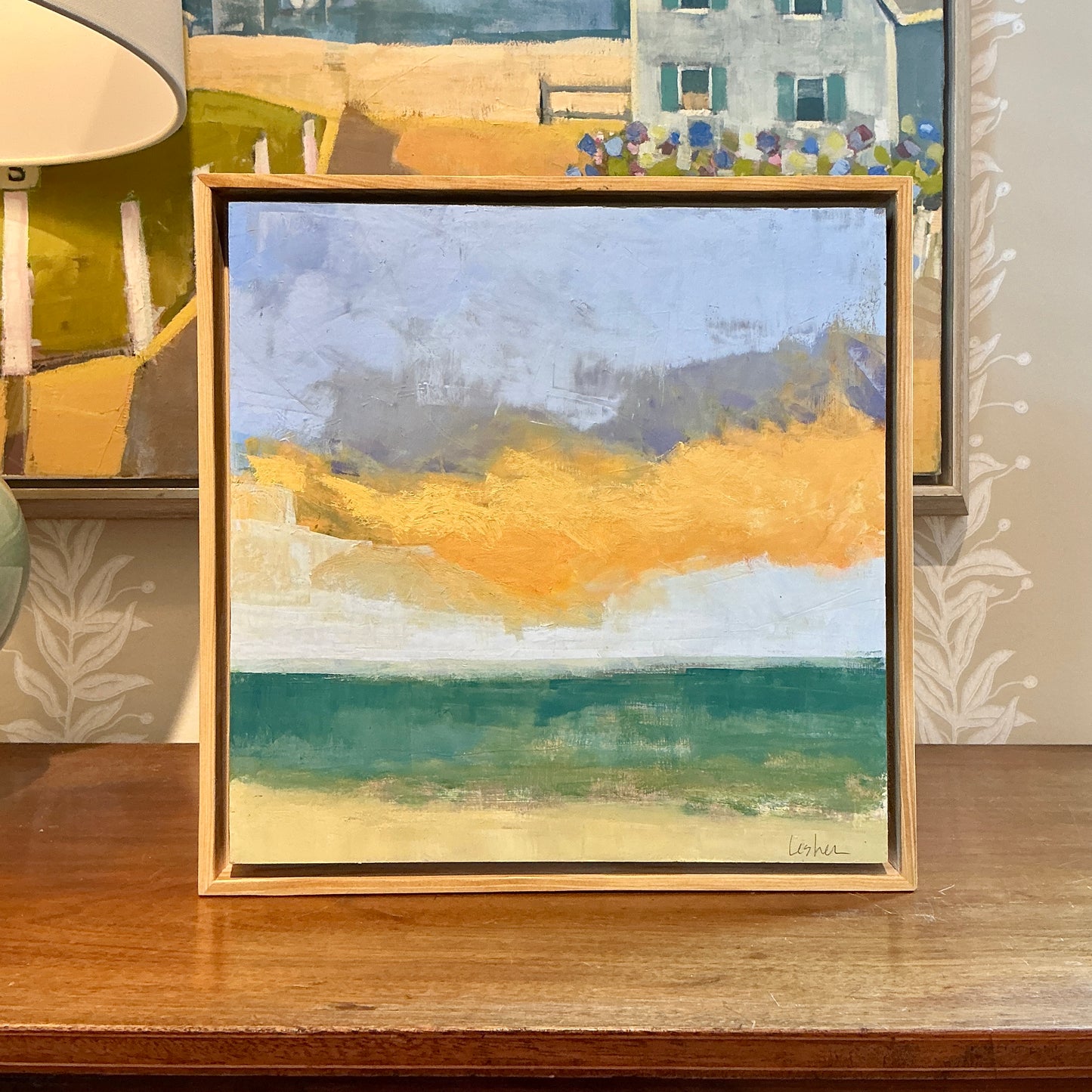 Carol Lesher Golden Hour Coastal Landscape Oil Painting in Natural Wood Frame