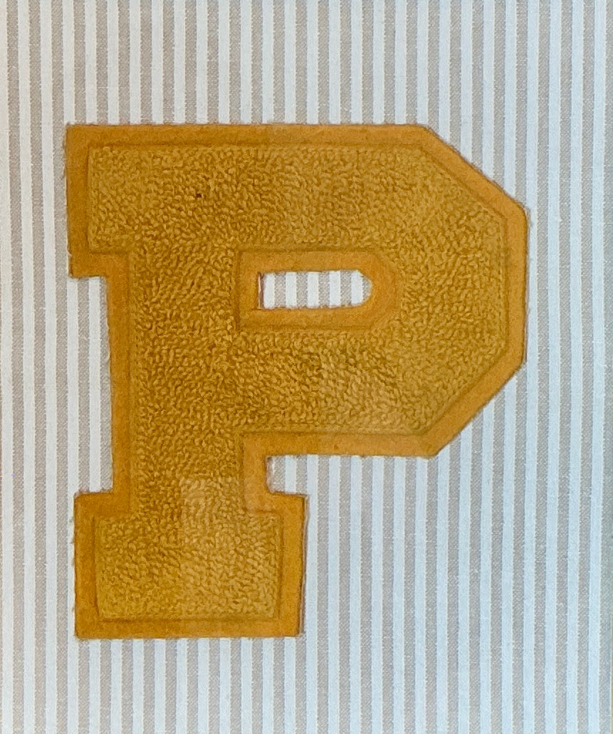 Vintage Varsity Letter Initial "P" on Taupe Stripes in Gold Frame