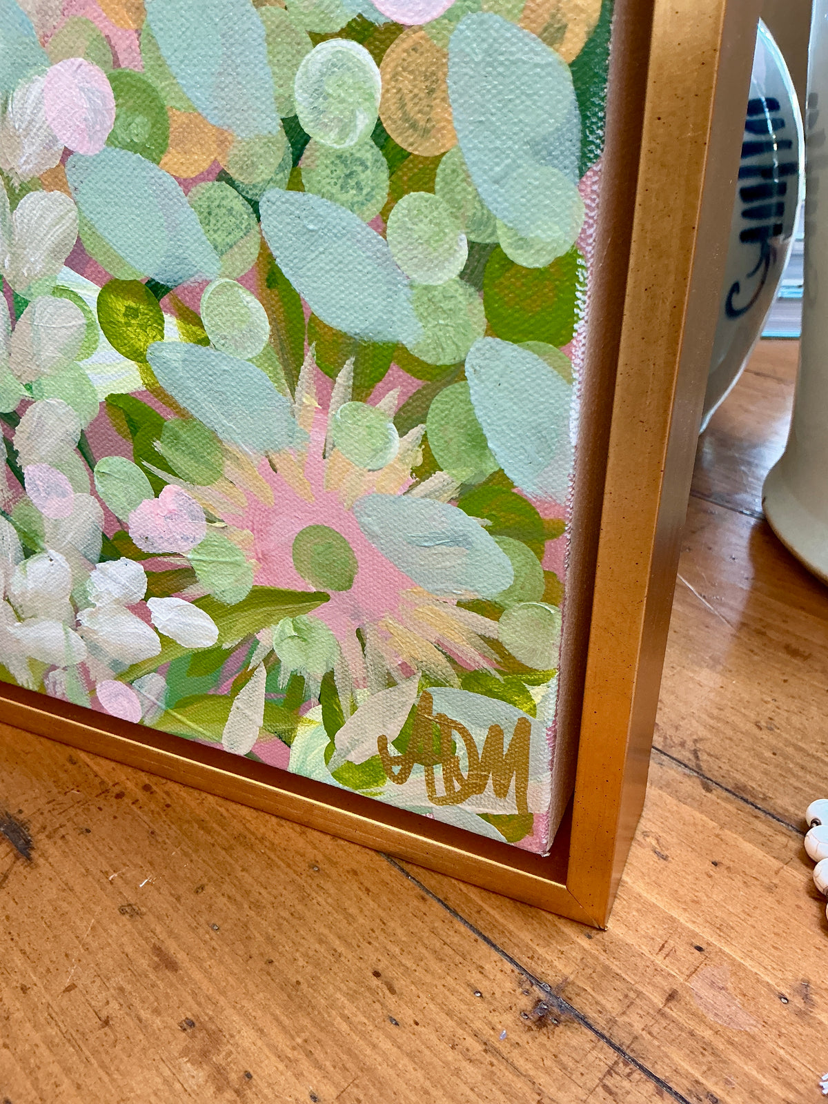 Alison Diamond McElroy Sunset Soirée Abstract Floral Painting in Gold Floater Frame