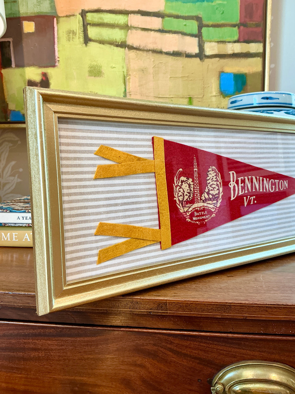 Vintage Bennington Vermont Felt Pennant on Taupe Stripes in Gold Frame