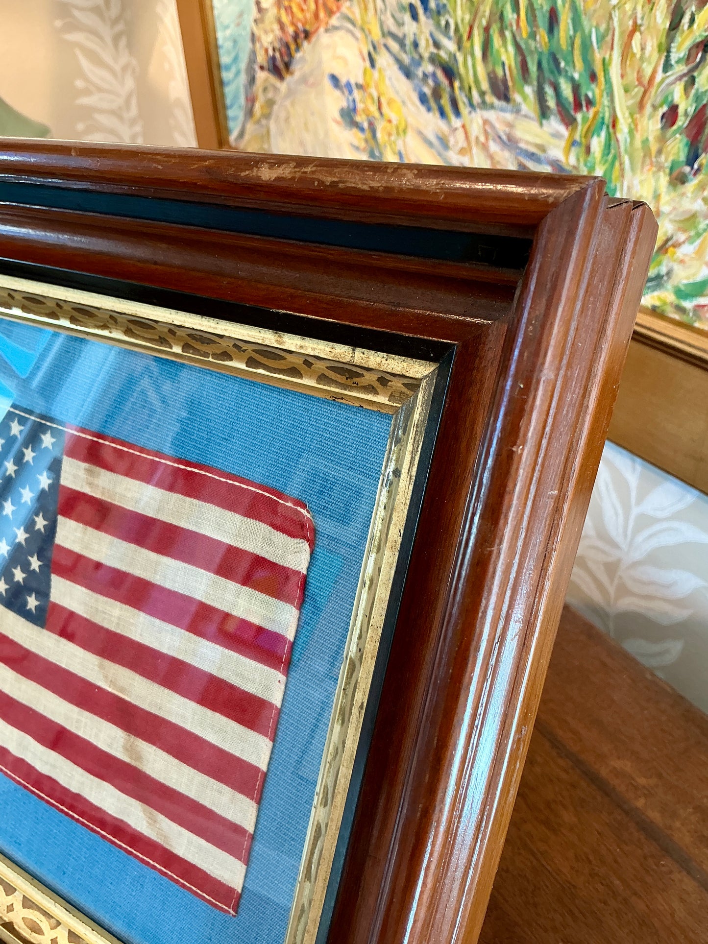 Vintage 50 Star American Flag on French Blue Twill in 19th Century Wood Frame with Gilded Liner