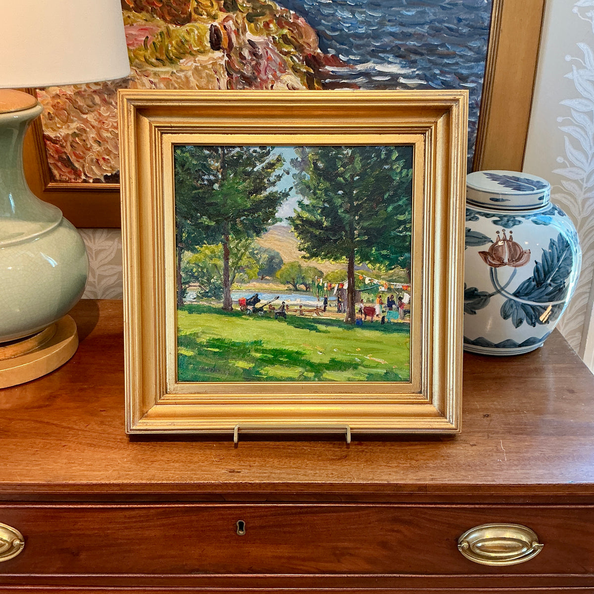Youqing Wang Party in the Park Landscape Oil Painting in Gold Frame