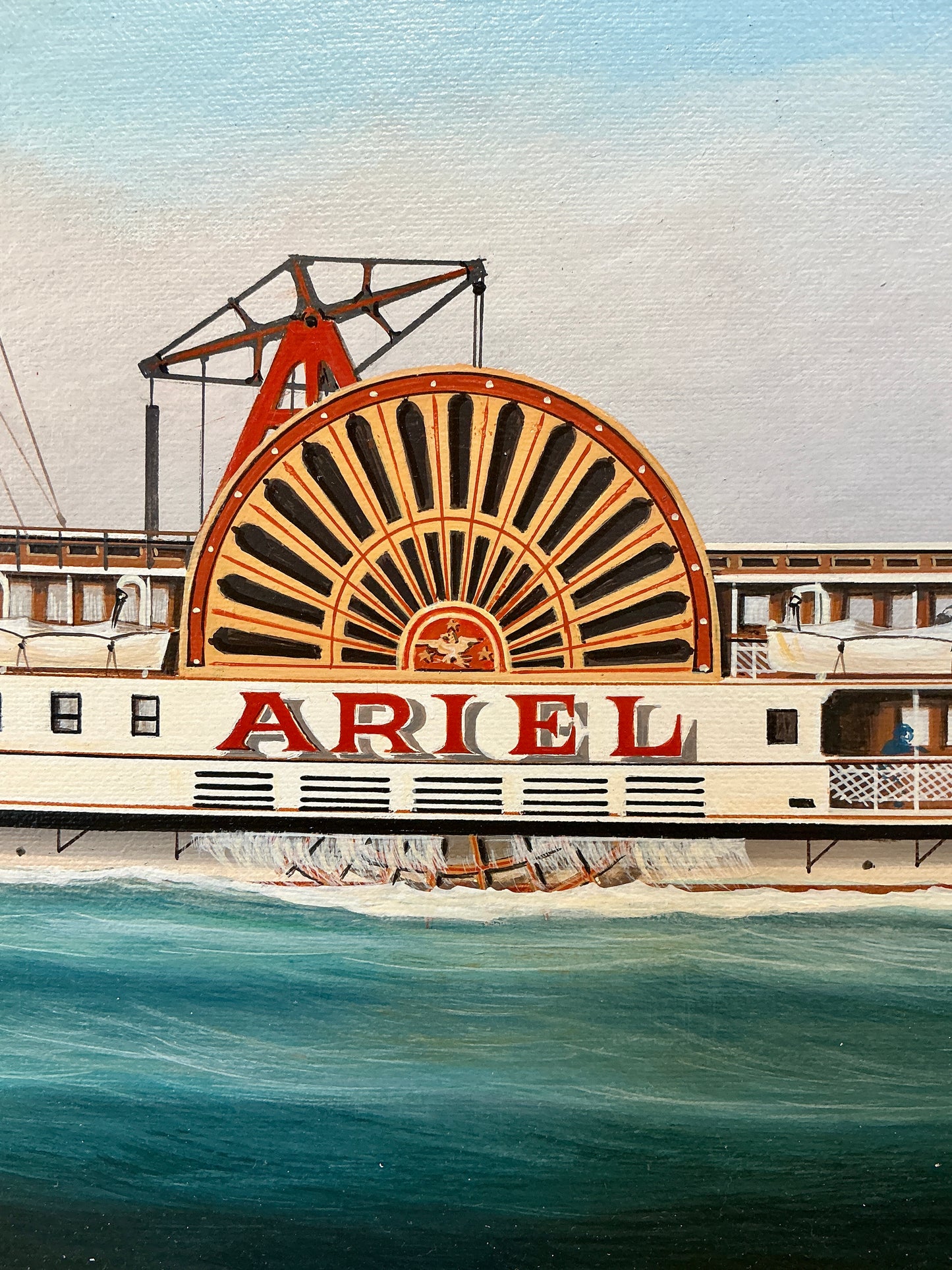 Scott Cameron Steamboat Ariel Oil Painting in Gold Frame