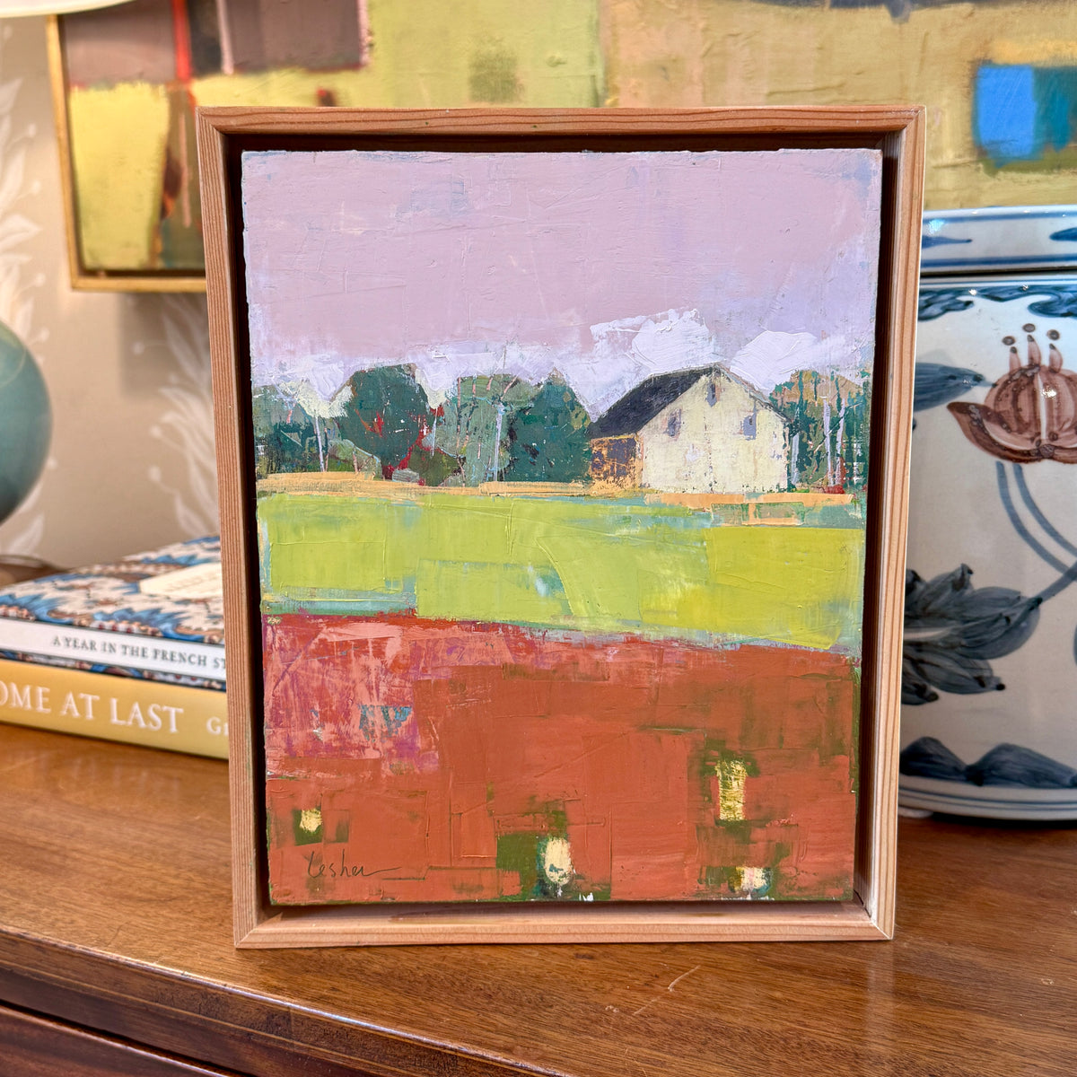 Carol Lesher Spring Landscape Oil Painting in Natural Wood Floater Frame