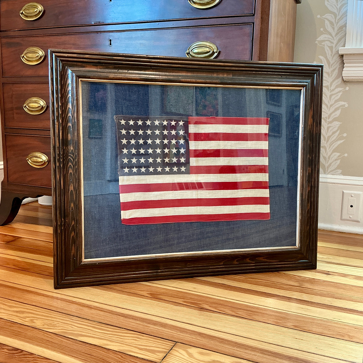 Vintage 48 Star American Flag on Dark Chambray in Wood Frame with Gilded Liner