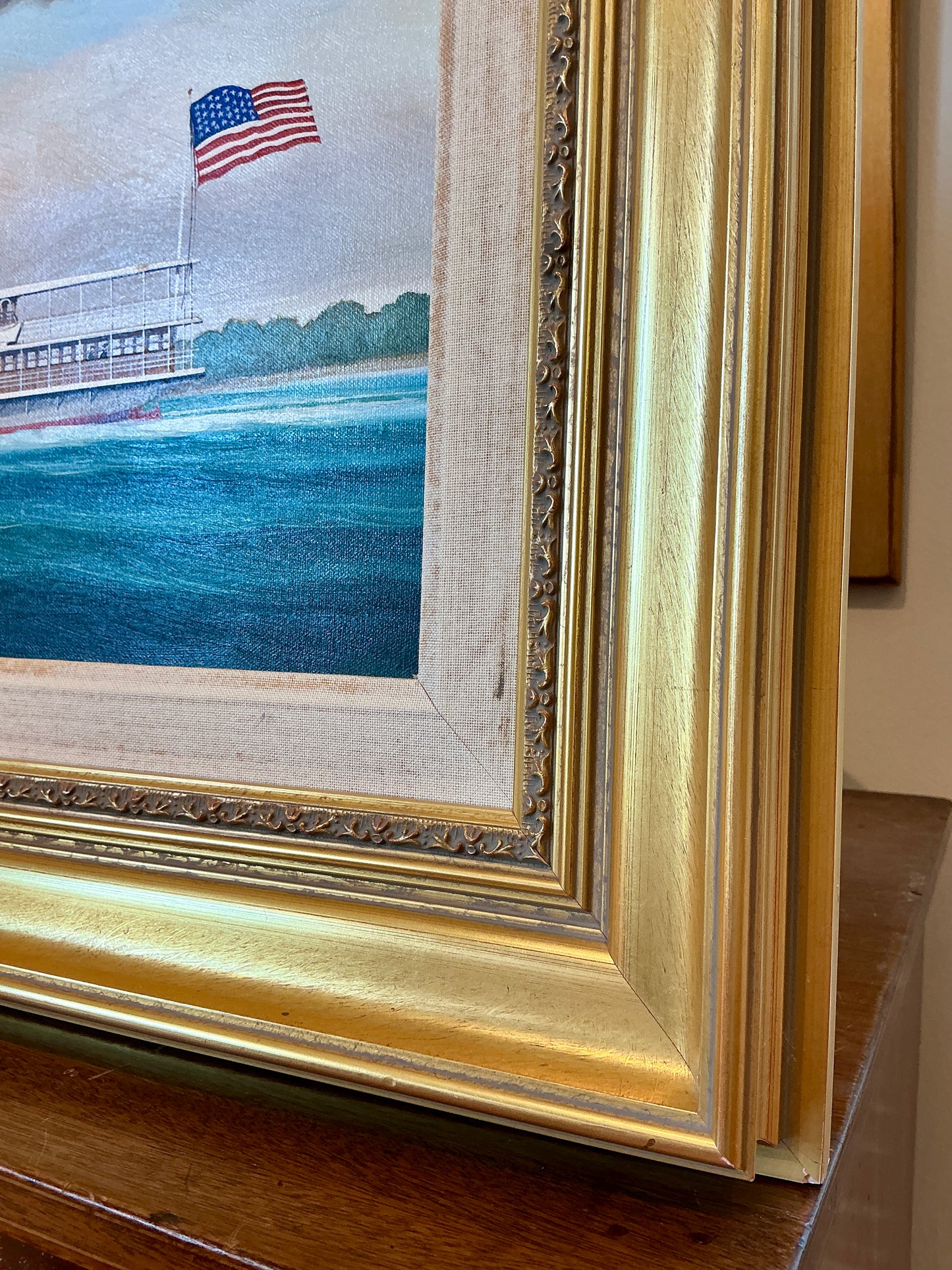 Scott Cameron Steamboat Pilot Boy Oil Painting in Gold Frame