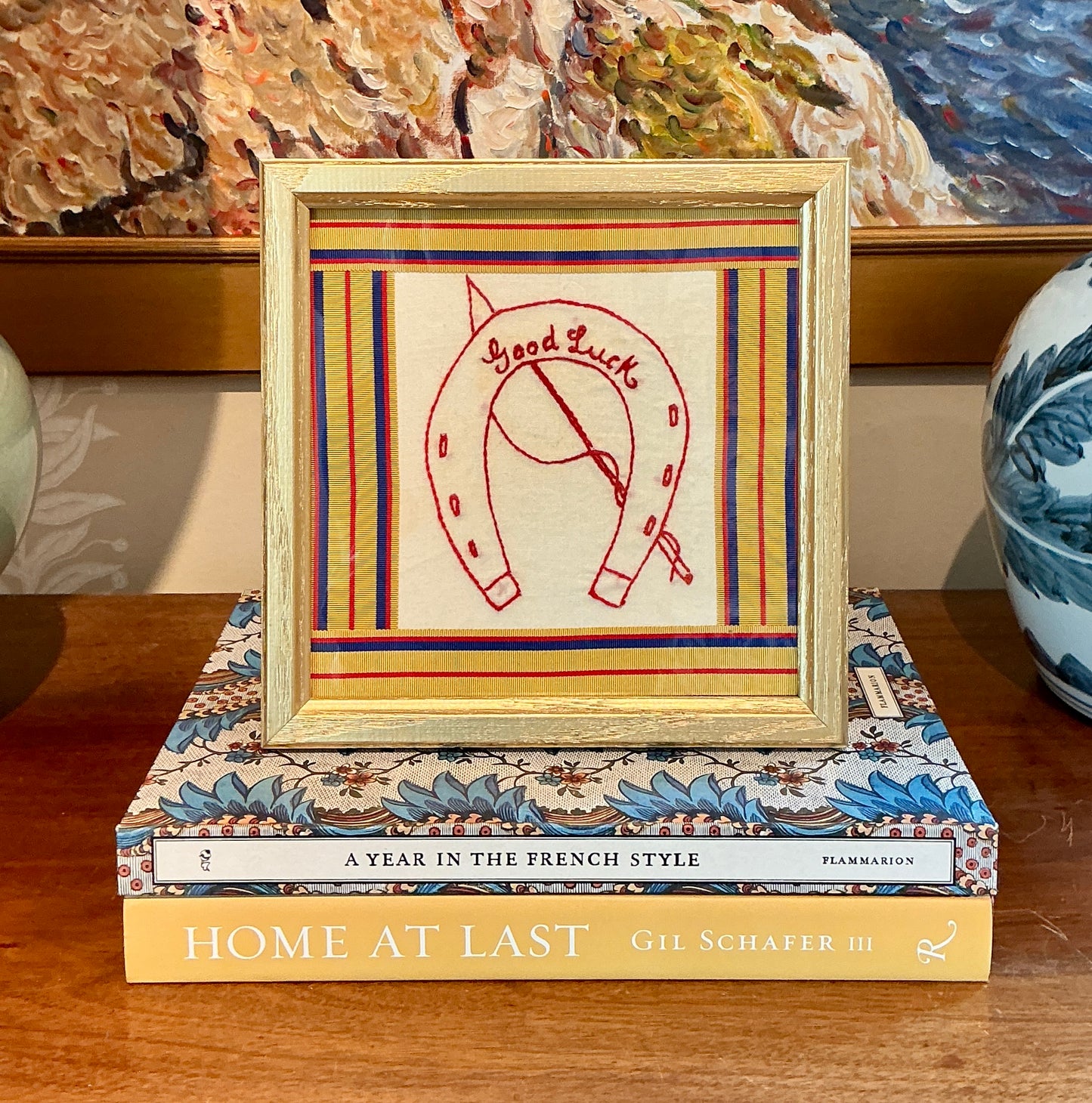 Antique Horse Shoe Redwork Embroidery with Gold and Blue Hat Band Ribbon in Gold Frame