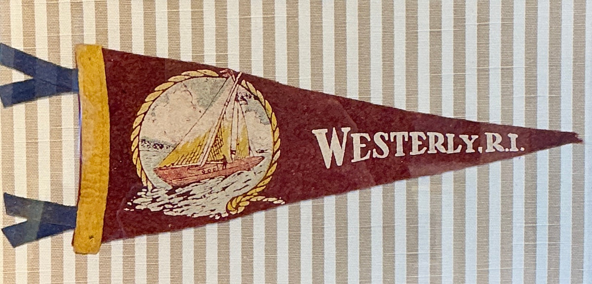 Vintage Westerly Rhode Island Pennant on Taupe Stripes in Gold Frame