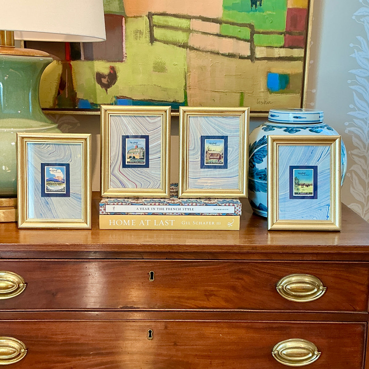 Set of Four 1940 Maine "Vacationland" Stamps on Blue Marbled Mounting in Gold Frames - Set A