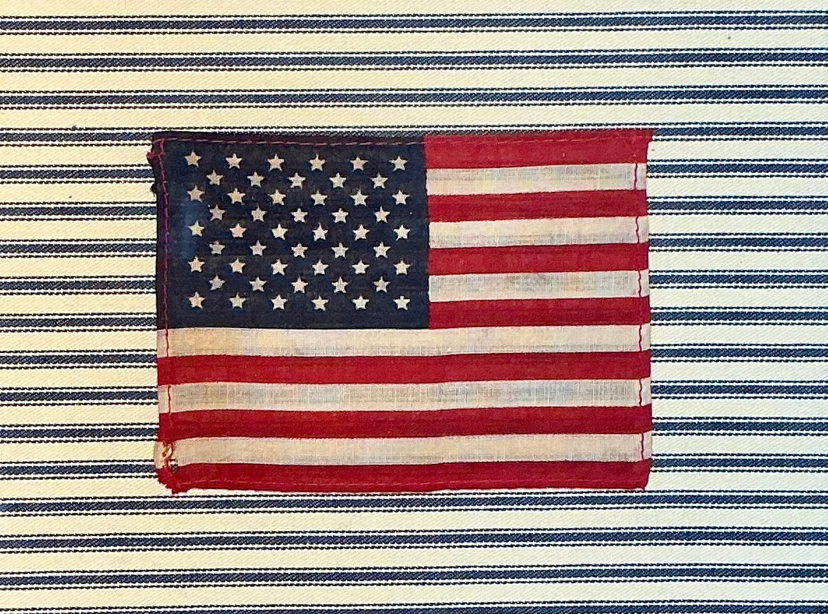 Vintage 50 Star American Flag on Blue and White Stripes in Gold Wood Frame