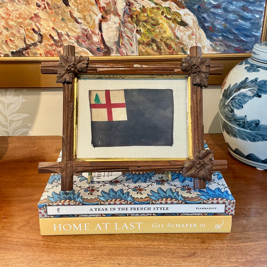 Vintage Bunker Hill Flag on Ivory Duck Cloth in Antique Hand Carved Wood Frame with Gilded Liner