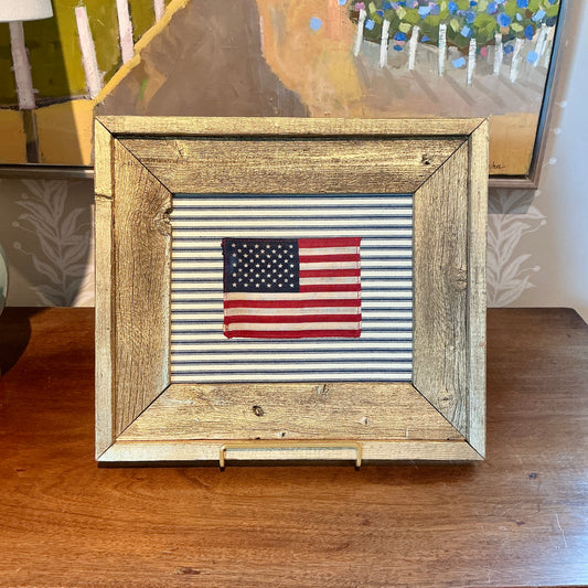 Vintage 50 Star American Flag on Blue and White Stripes in Gold Wood Frame