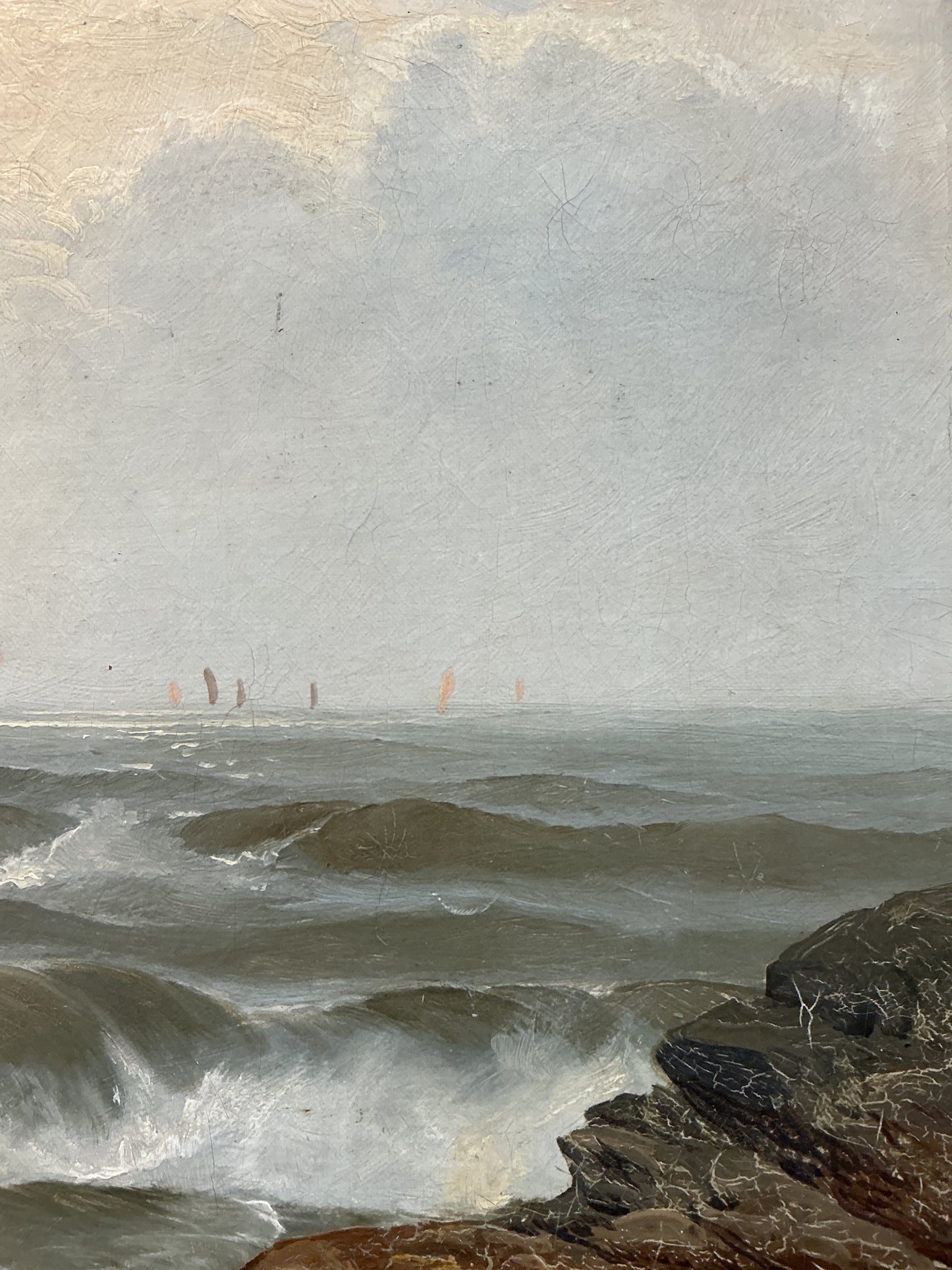 Clarence Henry Roe 19th Century Red Sail Sailboats in Seascape Oil Painting in Gold Frame