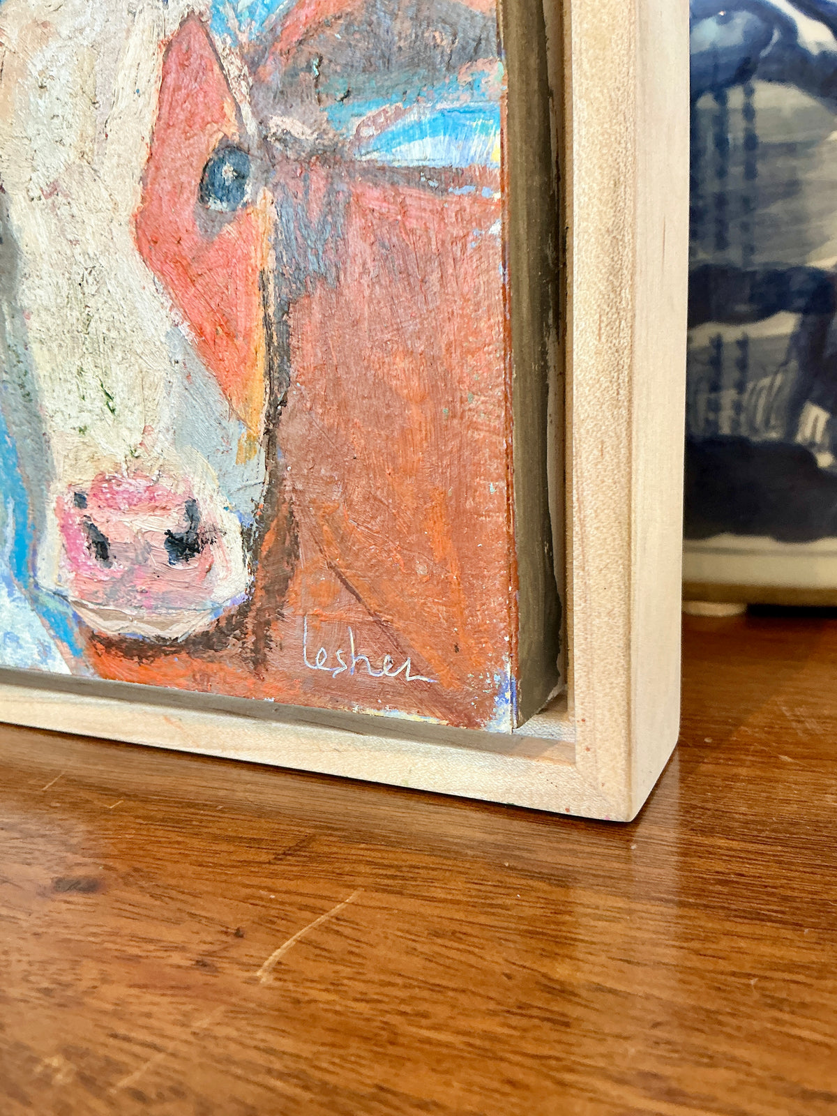 Carol Lesher Cow Trio 4 Portrait Oil Painting in Wood Frame