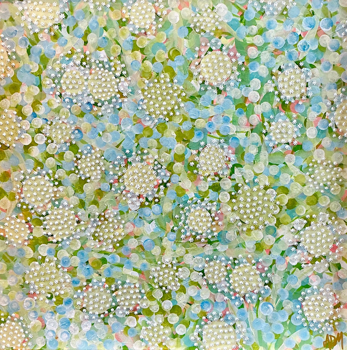 Alison Diamond McElroy Citrus and Salt Abstract Floral Painting in Gold Bamboo Frame
