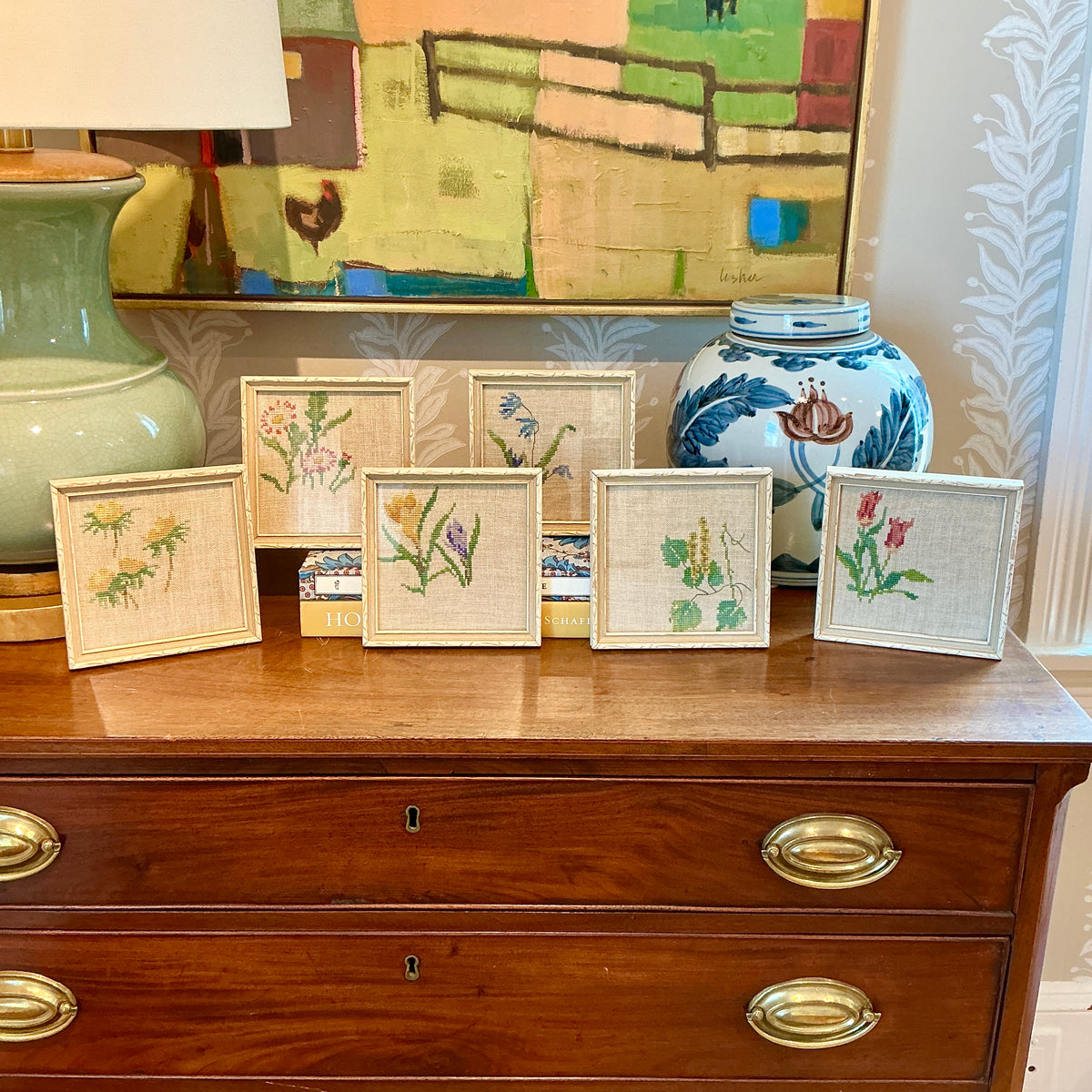 Set of Six Early 20th Century Floral Needlepoints in Carved Wood Frames