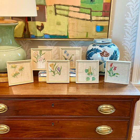 Set of Six Early 20th Century Floral Needlepoints in Carved Wood Frames