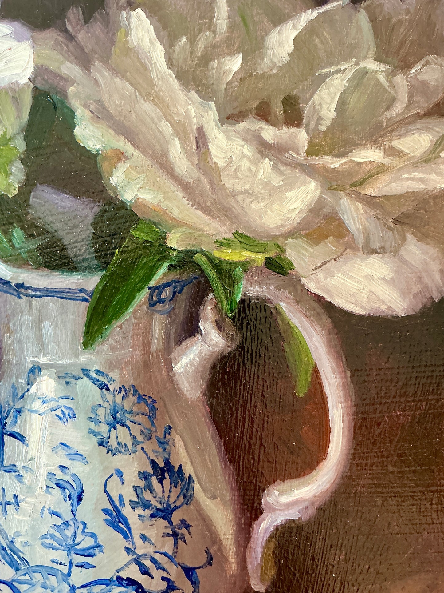 Youqing Wang Peonies in White and Blue Pitcher Floral Still Life Oil Painting in Gold Bamboo Frame
