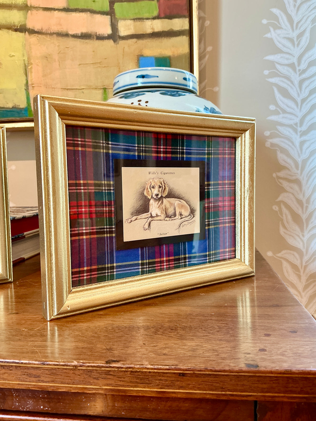 Set of 3 1930s Tobacco Cards With Dogs on Plaid in Gold Frame