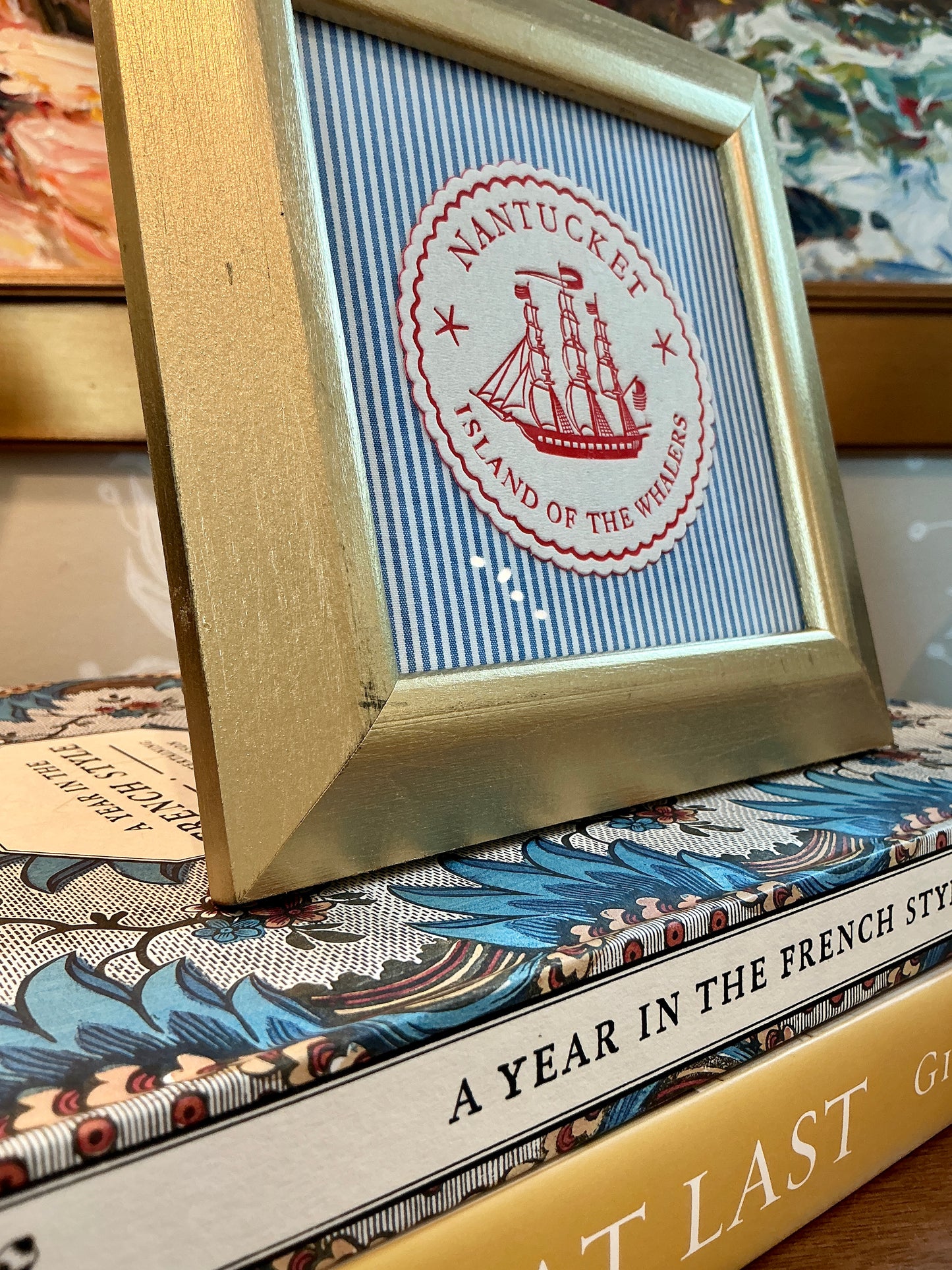 Nantucket Island of the Whalers Vintage 1950s Cocktail Napkin on Blue Ticking Stripes in Gold Frame