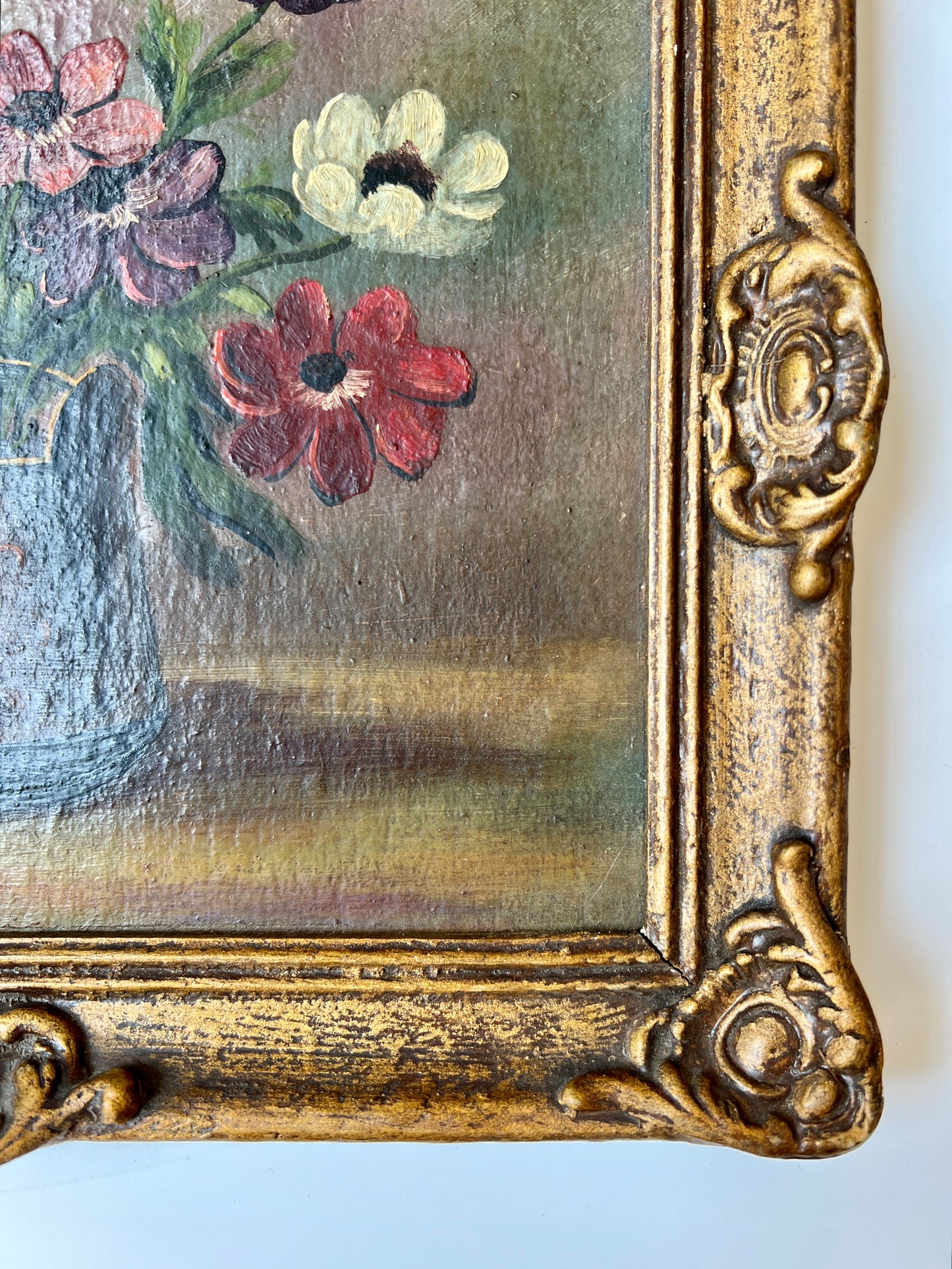 Antique Early 20th century Anenomes in Polka Dot Vase Still Life Oil Painting in Original Gold Frame