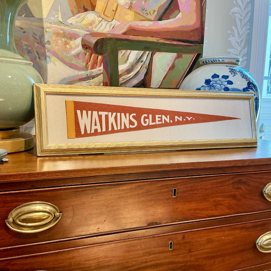 Vintage Watkins Glen New York Pennant on Ivory Duck Cloth in Gold Frame