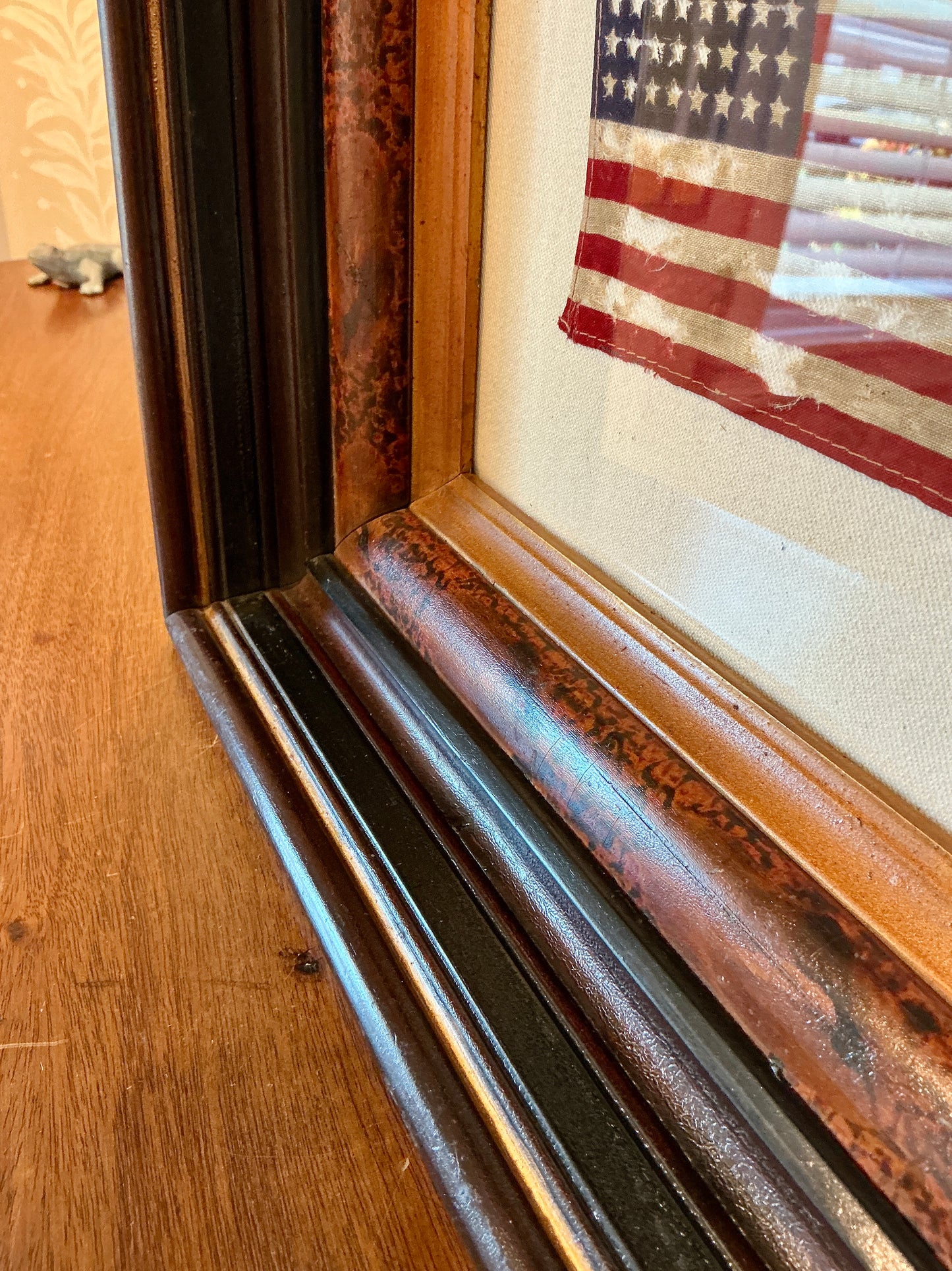 Antique 48 Star American Flag on Ivory Duck Cloth in Antique Walnut and Flame Mahogany Frame
