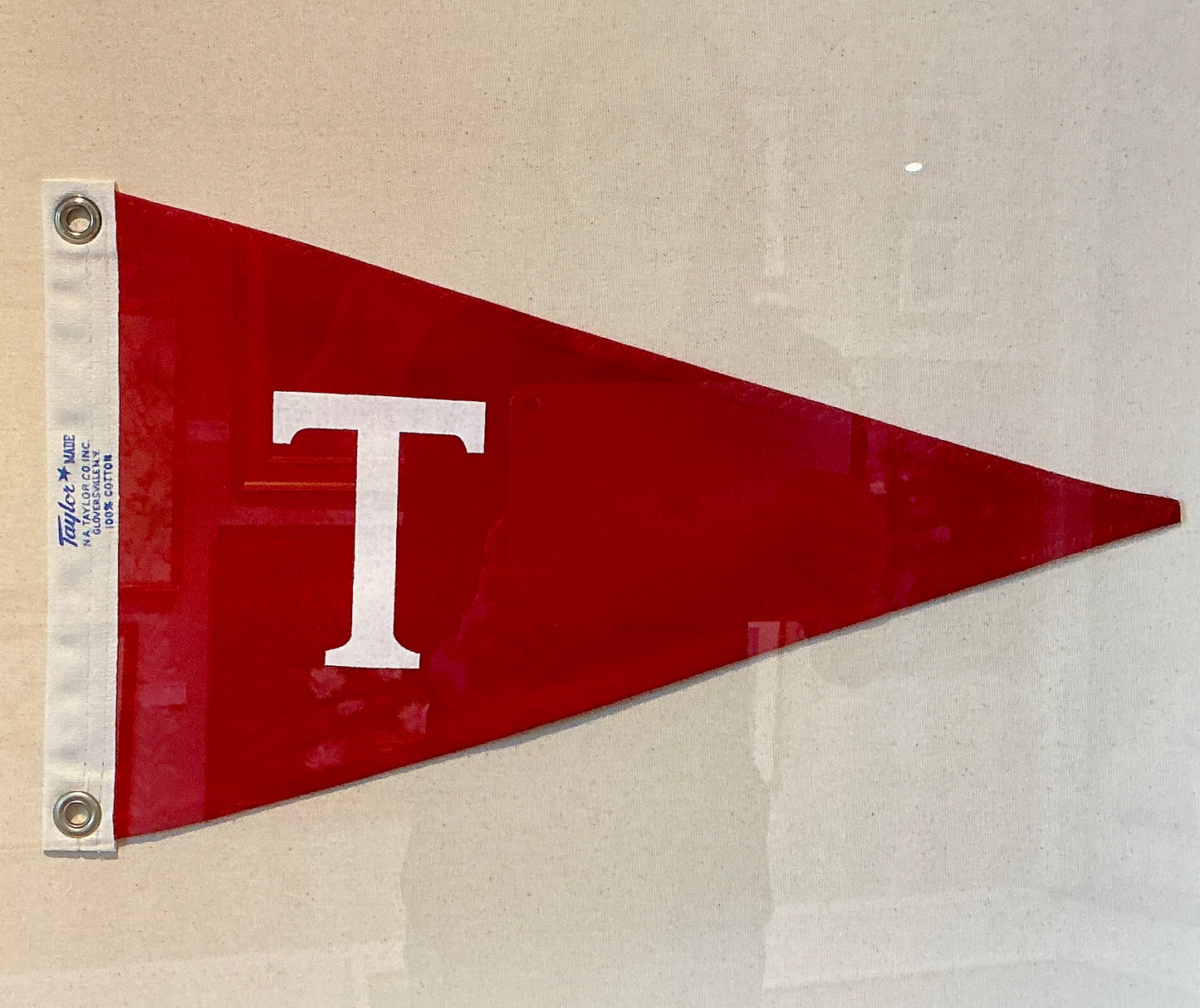 Vintage Red Canvas "T" Burgee Nautical Flag on Ivory Duck Cloth in Gold Frame