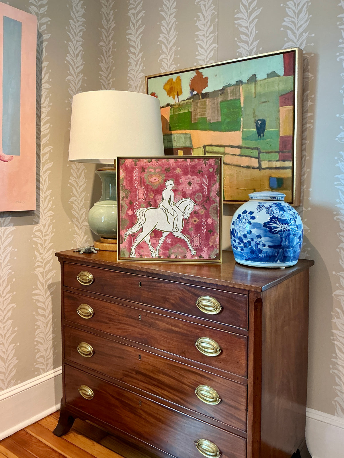 Heather Carey Rose And Reins Horse Portrait Mixed Media in Gold Frame
