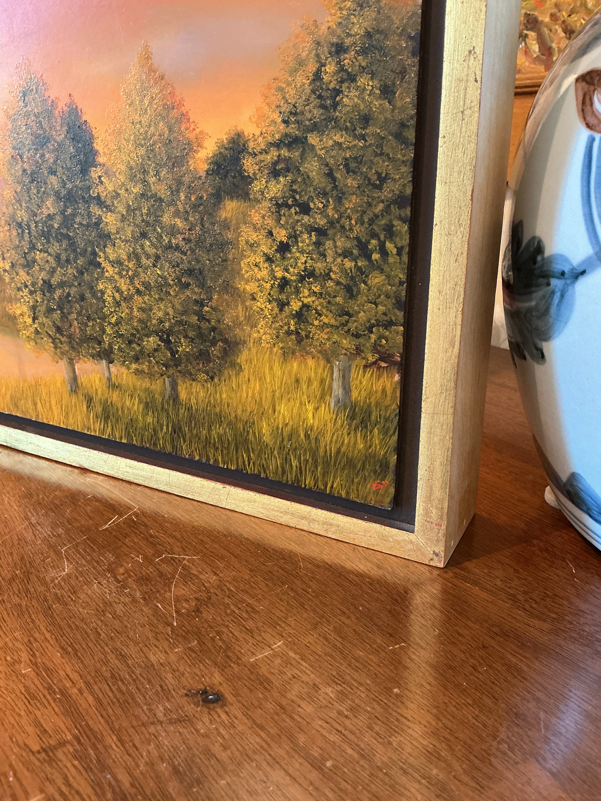 Greg Skol Winding River Psalm Sunset Landscape Oil Painting in Gold Floater Frame