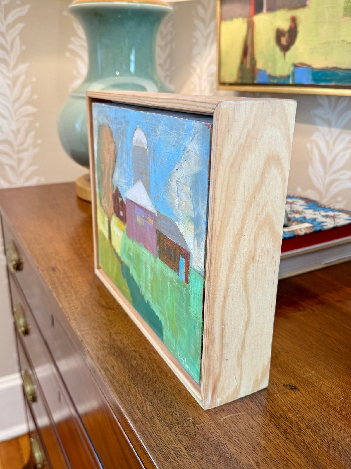 Carol Lesher Sky Bright Landscape Oil Painting in Natural Wood Floater Frame