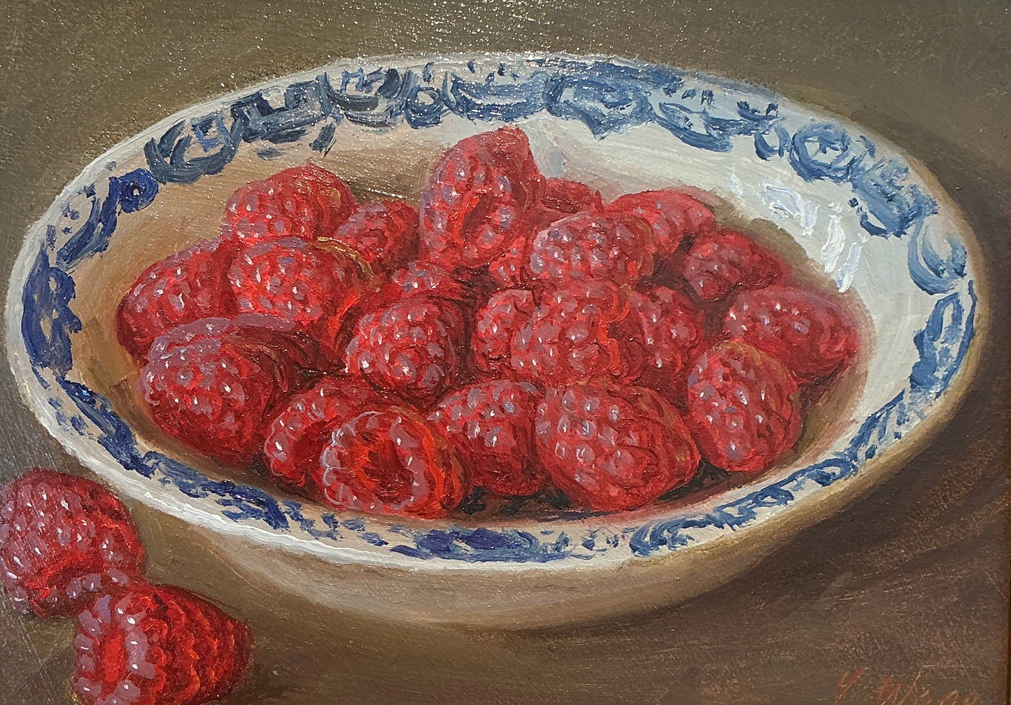 Youqing Wang Red Raspberries in a Blue and White Bowl Still Life Oil Painting in Gold Frame