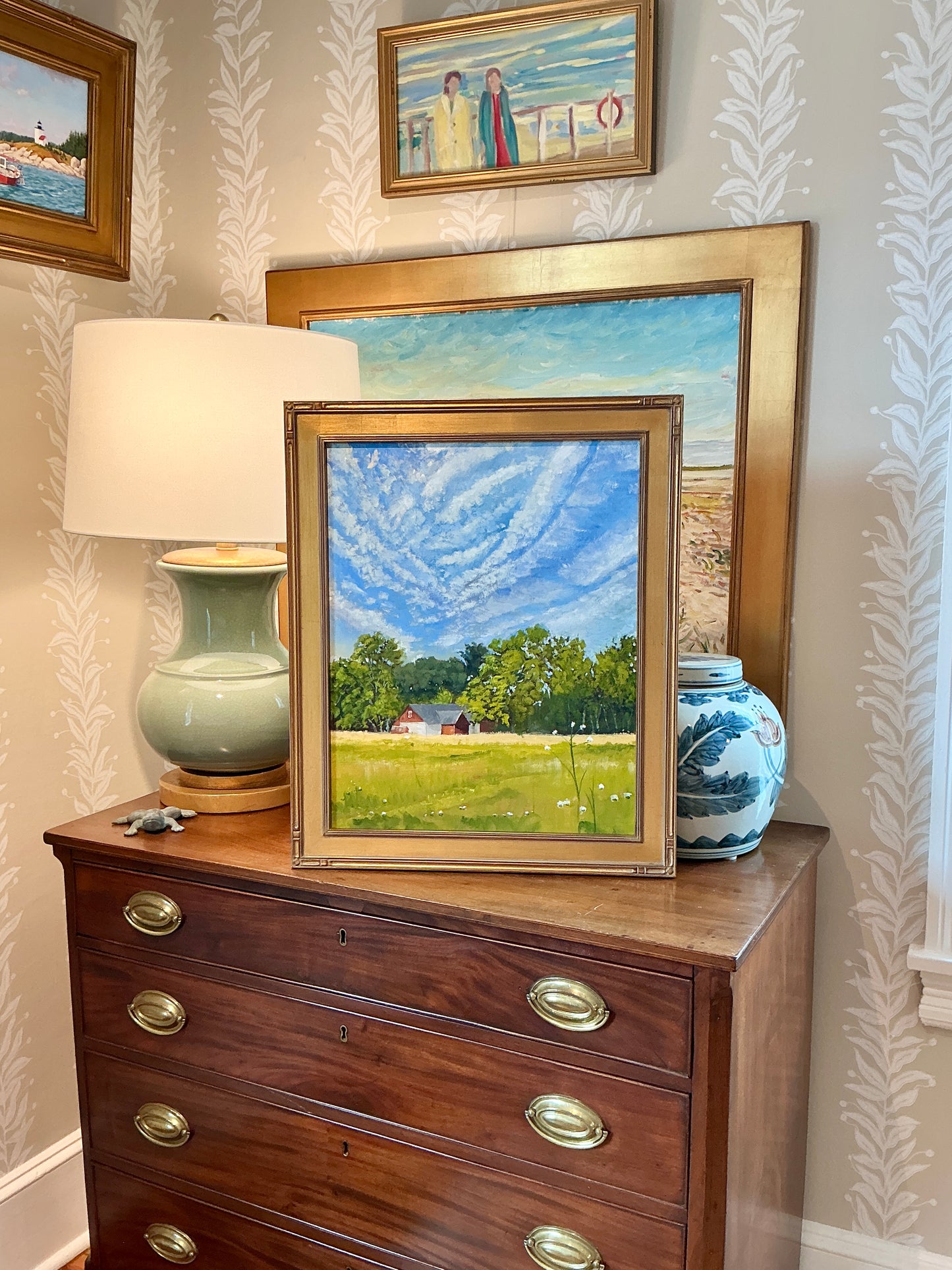 Martin Scherer Summer Barn Landscape Oil Painting in Gold Frame