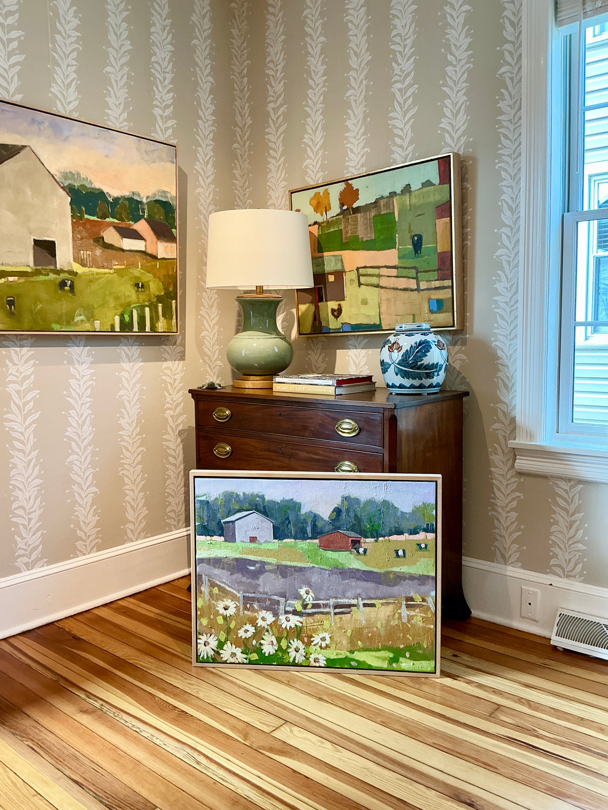 Carol Lesher Joy Landscape Oil Painting in Natural Wood Floater Frame