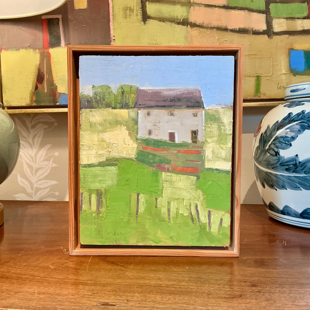 Carol Lesher Common Things Landscape Oil Painting in Natural Wood Floater Frame