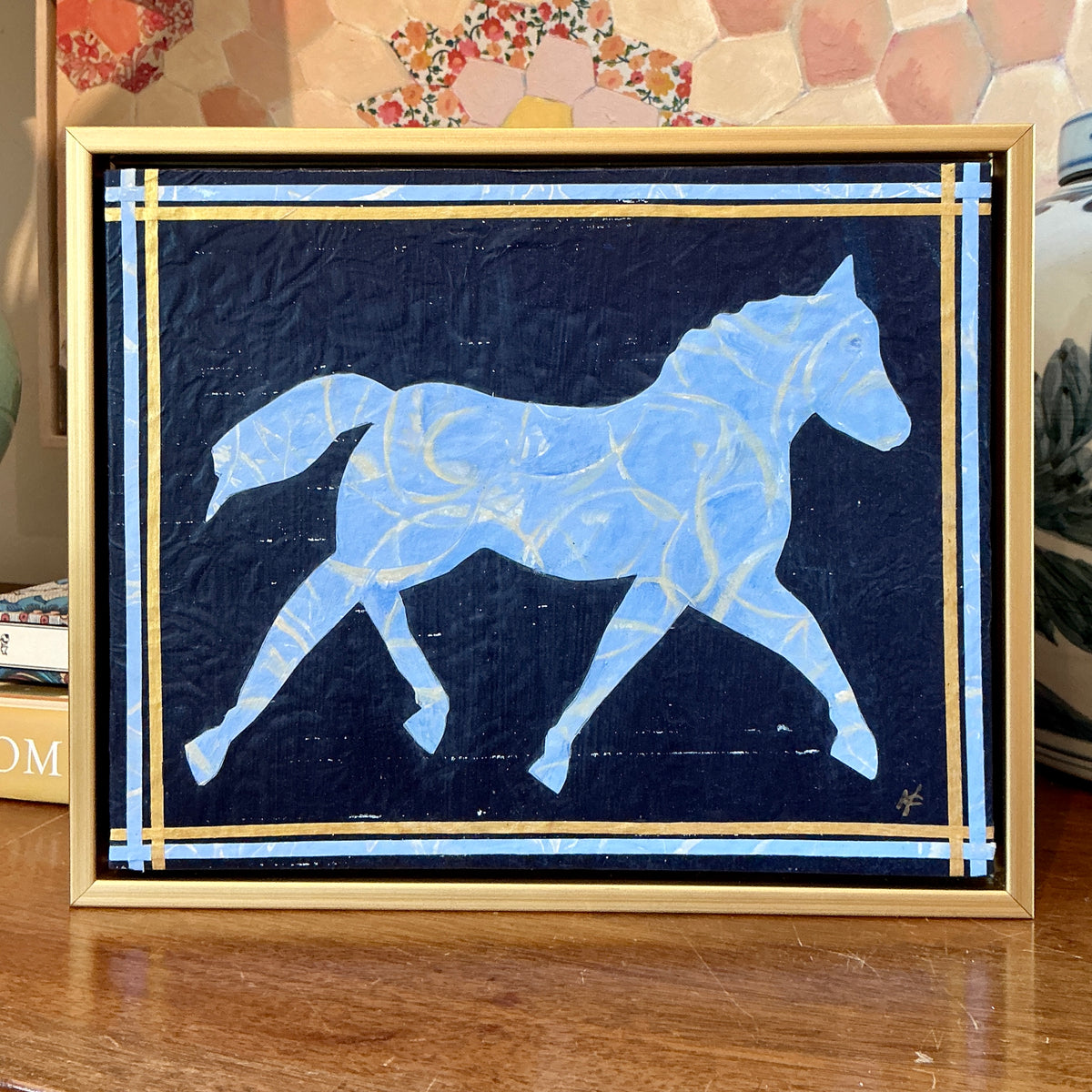 Heather Carey Dress Blues Horse Portrait Mixed Media in Gold Floater Frame