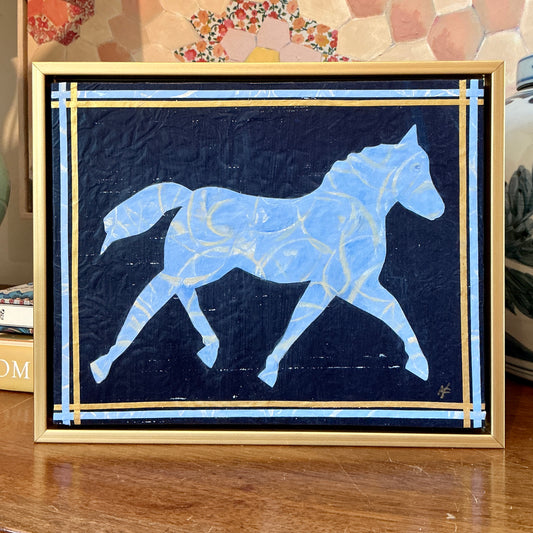 Heather Carey Dress Blues Horse Portrait Mixed Media in Gold Floater Frame