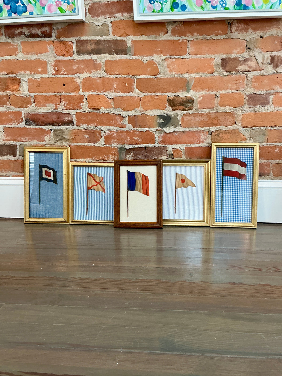 Antique French Flag Oil Painting on Ivory Duck Cloth in Oak Wood Frame