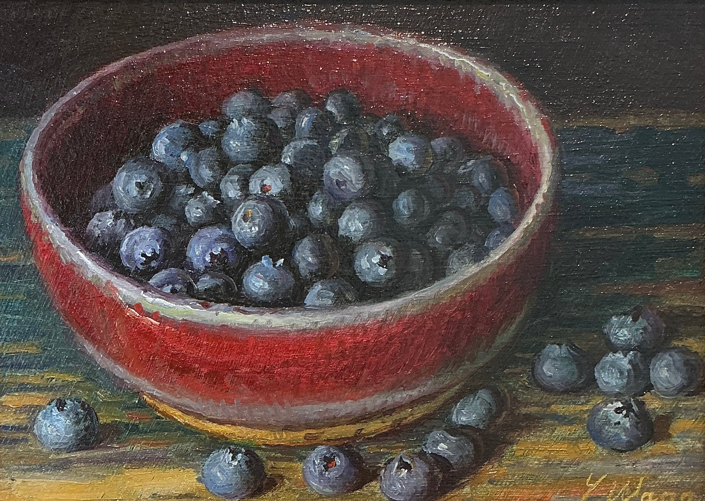 Youqing Wang Blueberries in Red Pottery Bowl on Blue Painted Table Still Life Oil Painting in Gold Frame