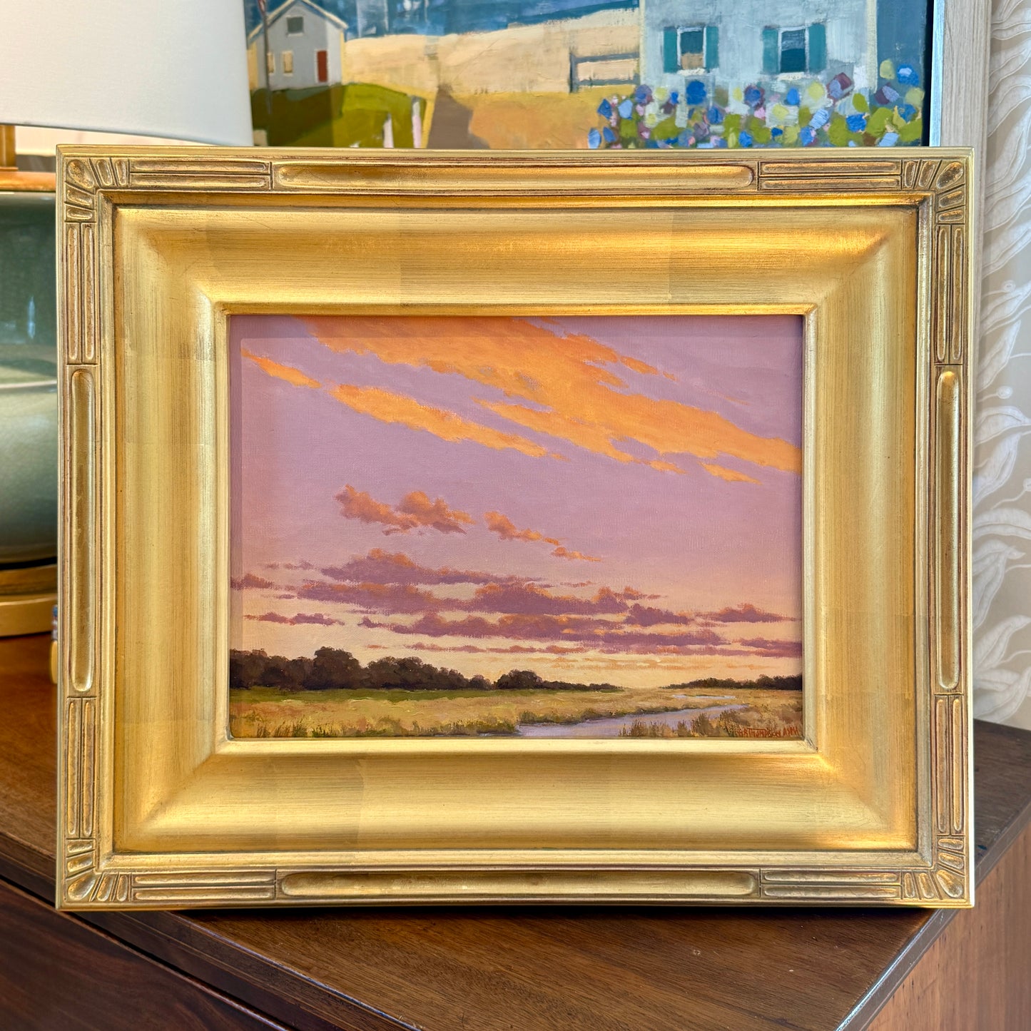 Anthony R. Thompson Salt Marsh Evening Landscape Oil Painting in Gold Frame