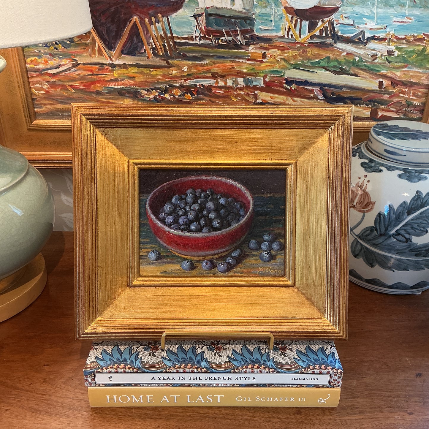 Youqing Wang Blueberries in Red Pottery Bowl on Blue Painted Table Still Life Oil Painting in Gold Frame