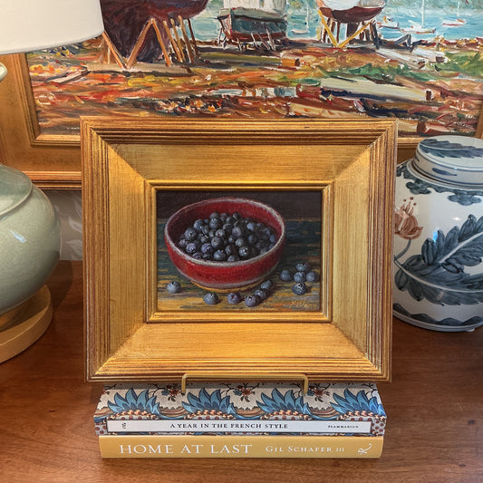 Youqing Wang Blueberries in Red Pottery Bowl on Blue Painted Table Still Life Oil Painting in Gold Frame