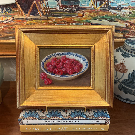 Youqing Wang Red Raspberries in a Blue and White Bowl Still Life Oil Painting in Gold Frame