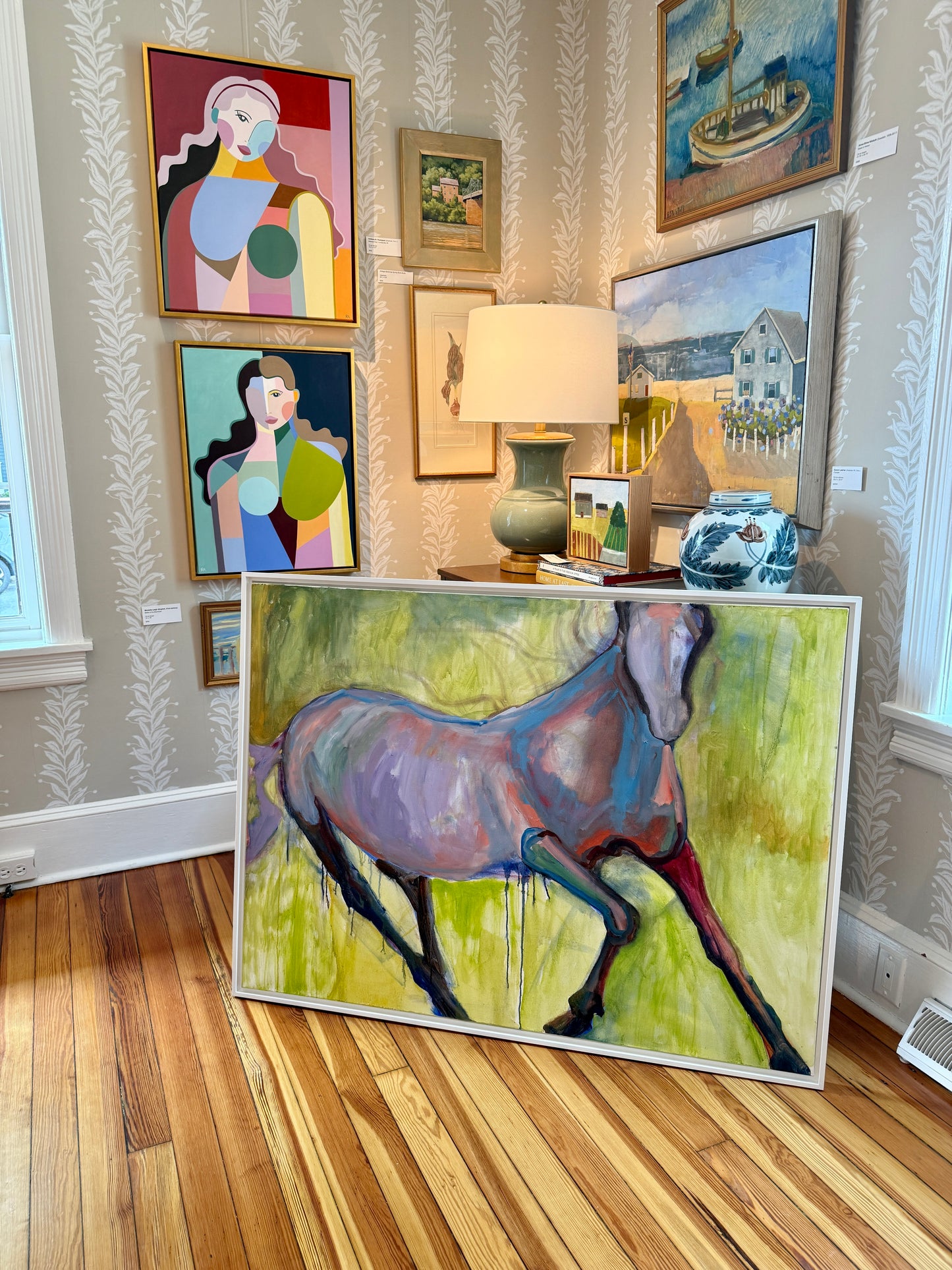 Gretchen McGinnis Gallop Horse Portrait Oil Painting in White Floater Frame
