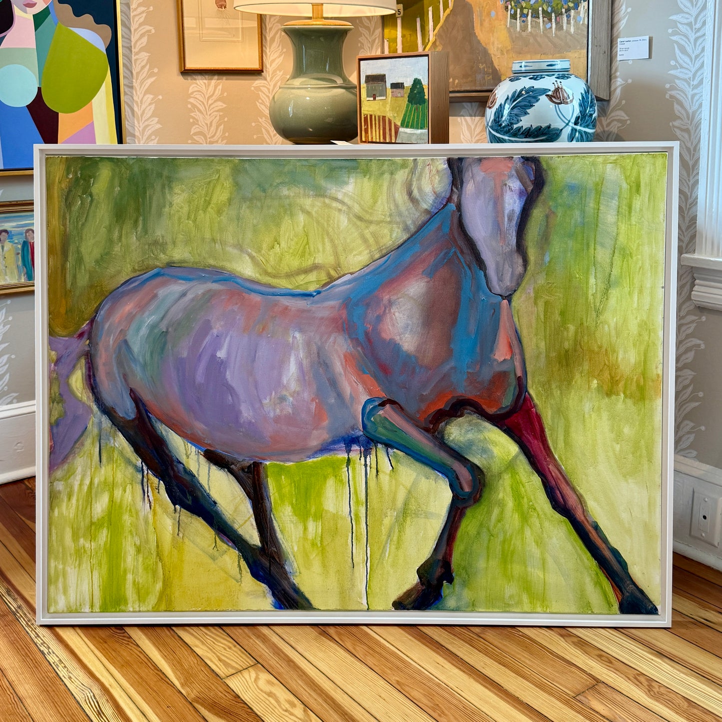 Gretchen McGinnis Gallop Horse Portrait Oil Painting in White Floater Frame
