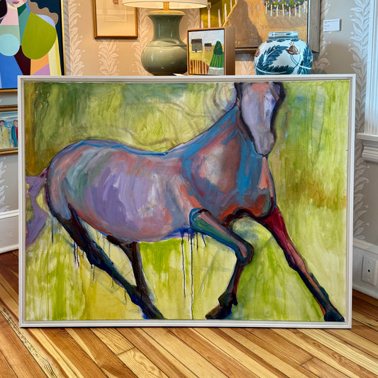 Gretchen McGinnis Gallop Horse Portrait Oil Painting in White Floater Frame