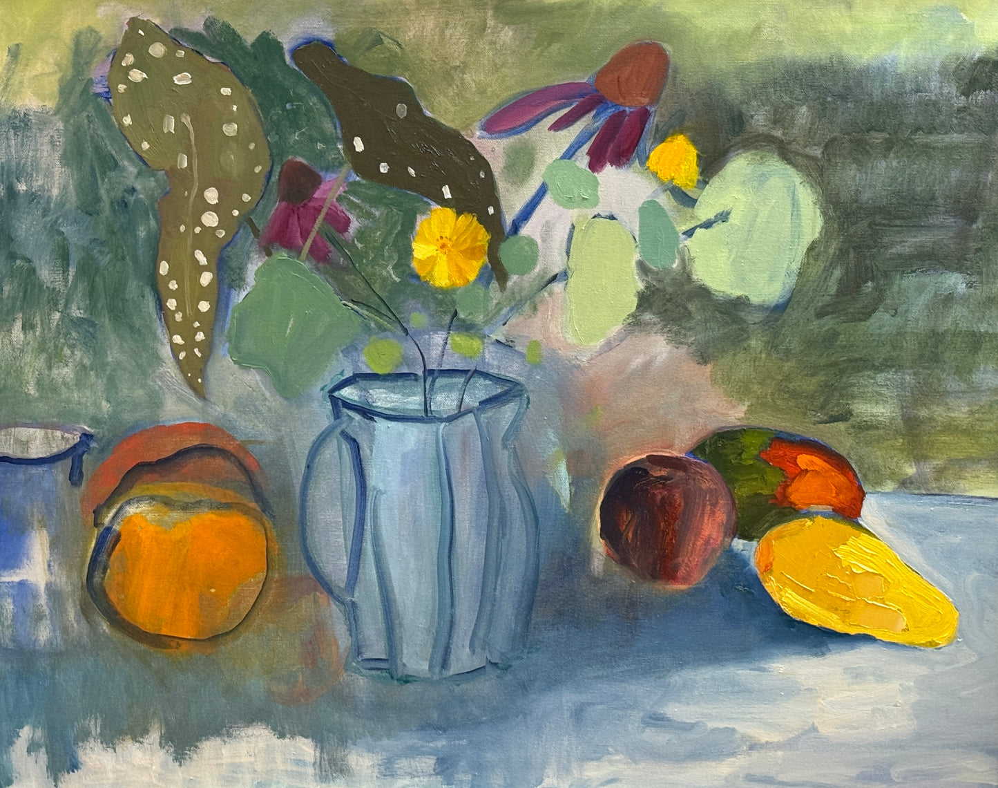 Gretchen McGinnis Polka Dot Begonia Floral Still Life Oil Painting in Gold Frame