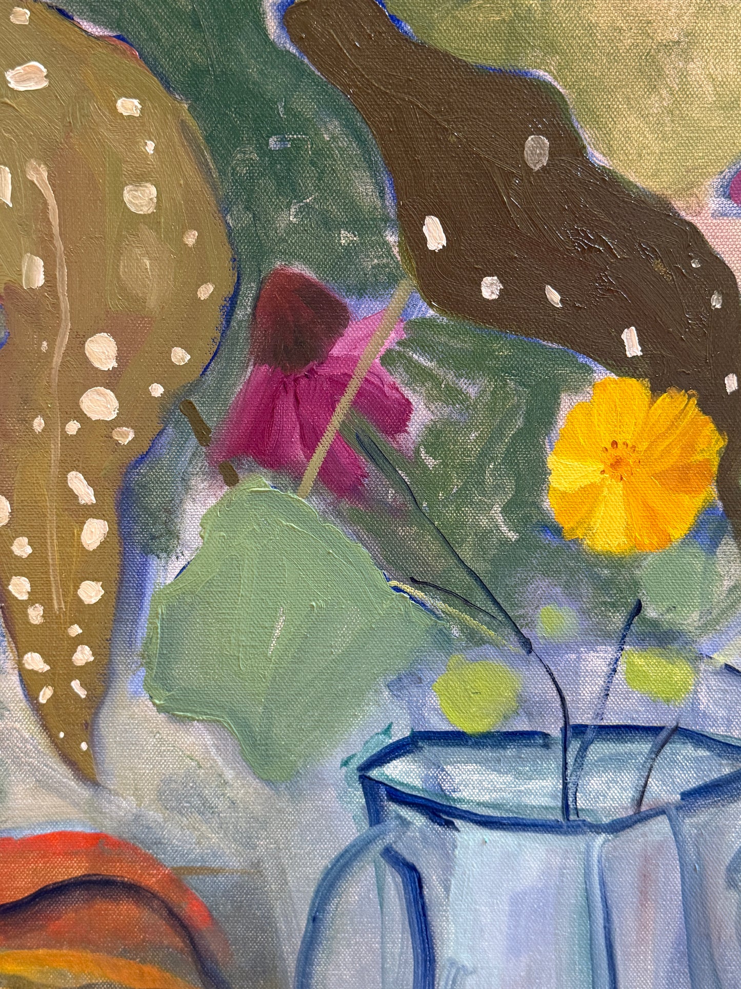 Gretchen McGinnis Polka Dot Begonia Floral Still Life Oil Painting in Gold Frame