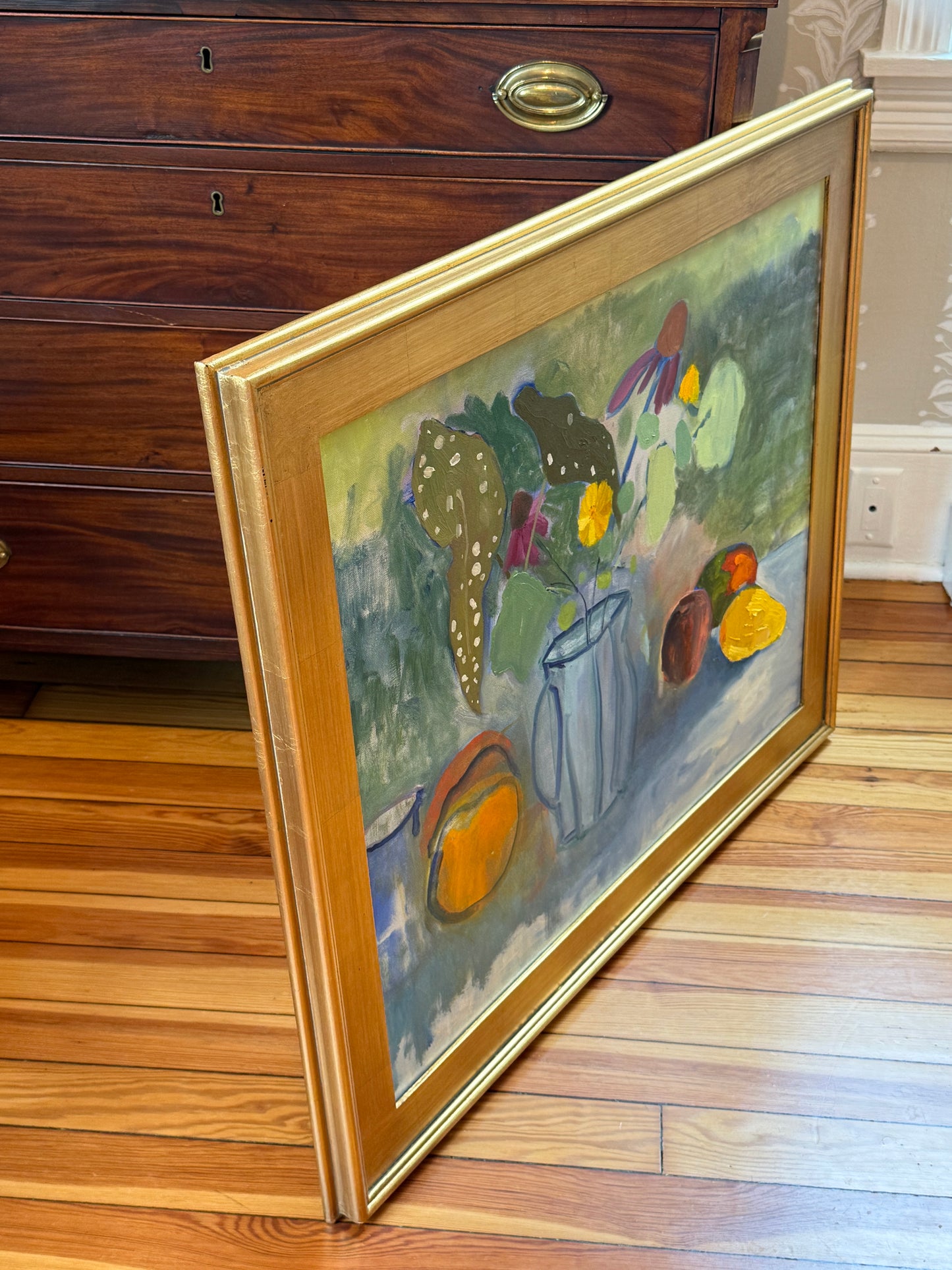 Gretchen McGinnis Polka Dot Begonia Floral Still Life Oil Painting in Gold Frame
